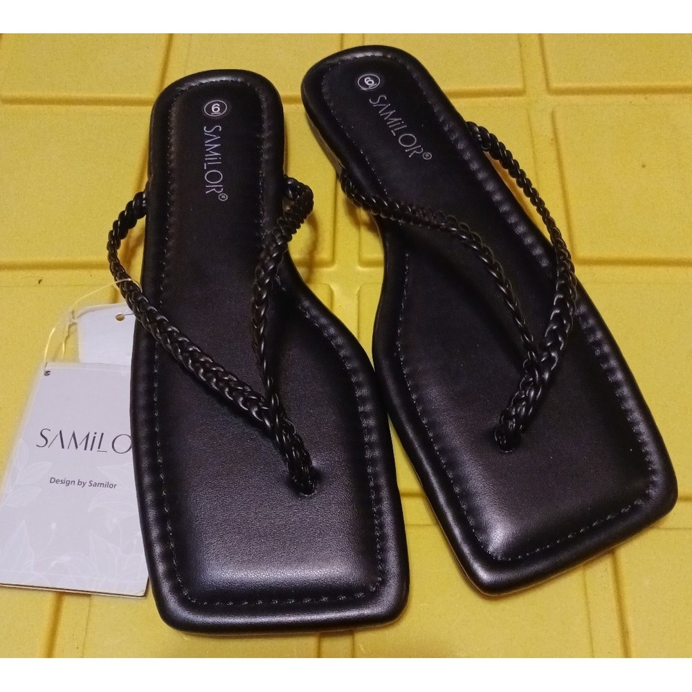 NEW Samilor Women's Black PU Leather Braided Strap Flip Flop‎ Sandals, 6